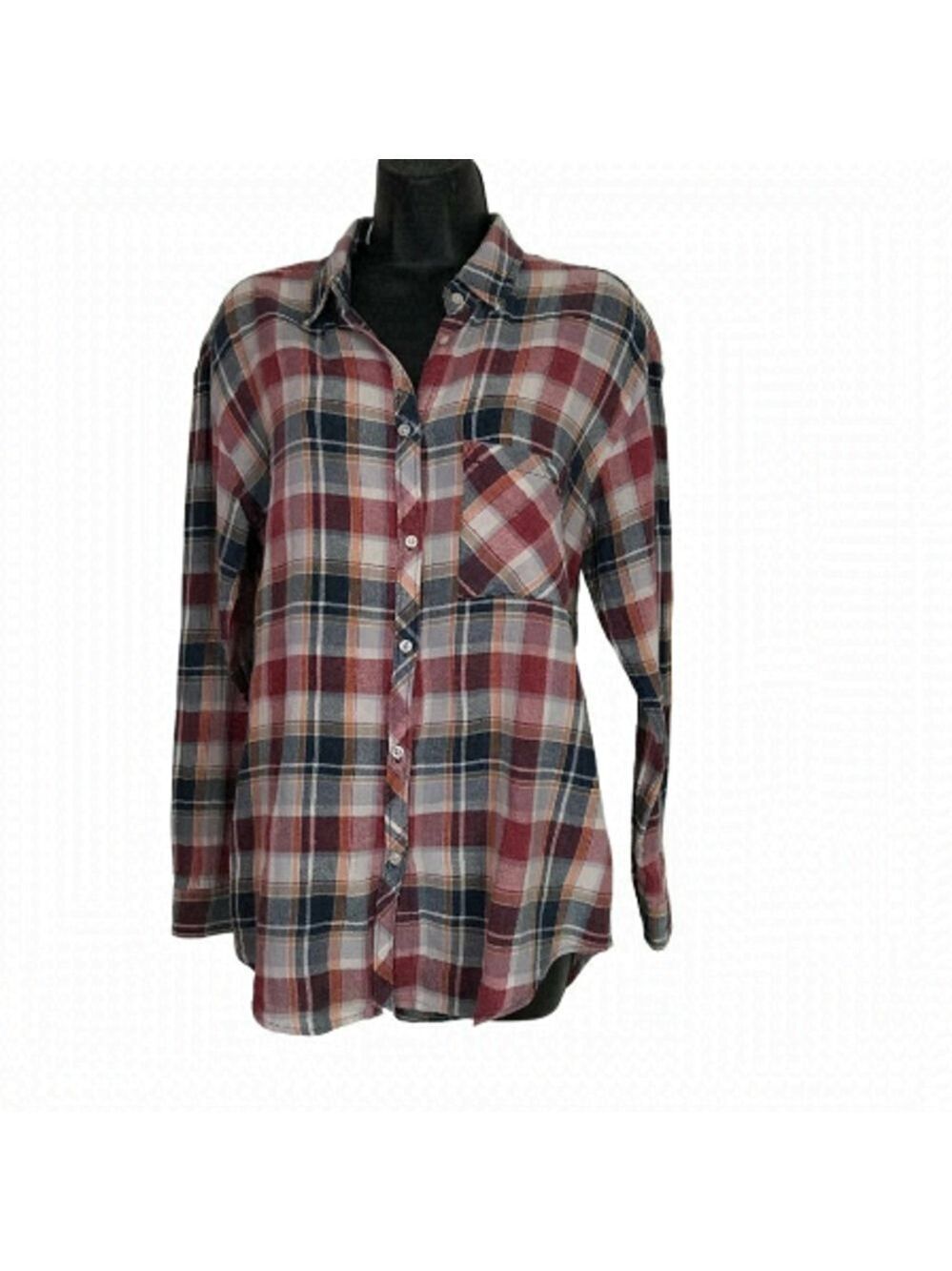 Community Plaid Button Down  Cotton Linen Blend Shirt Size S